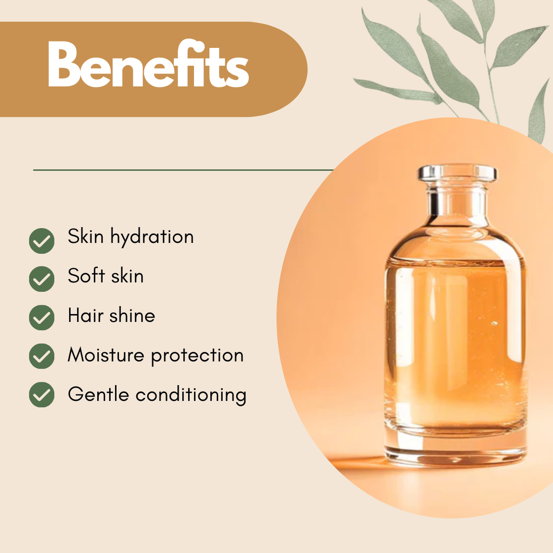 Benefits layout with a cosmetic ingredient bottle and checklist showing Skin hydration, Soft skin, Hair shine, Moisture protection, Gentle conditioning. Cosmetic grade Hydrolysed Oat Protein suitable for creams, serums, shampoos, and conditioners to support softness, conditioning and improved moisture balance.
