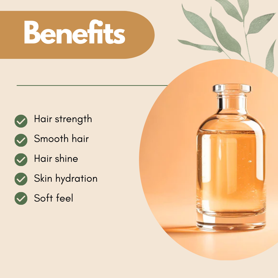 Benefits graphic displaying a clear bottle of golden liquid with text reading Hair strength, Smooth hair, Hair shine, Skin hydration, Soft feel. Hydrolysed protein for personal care formulations that enhances smoothness, boosts shine, and supports compatibility in haircare and skincare products.