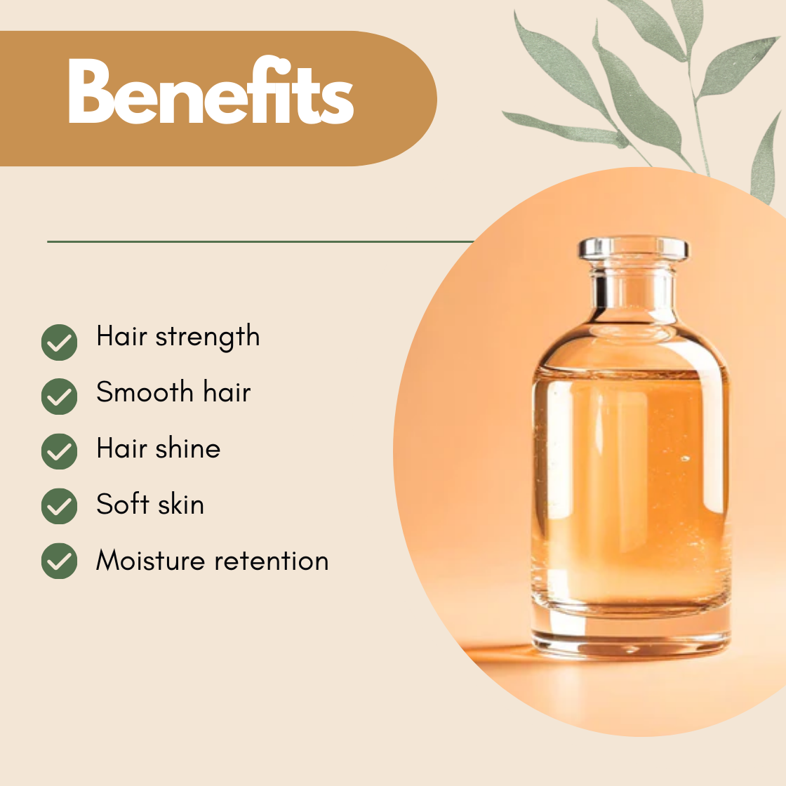 Benefits graphic showing a clear glass bottle with golden liquid and checklist reading Hair strength, Smooth hair, Hair shine, Soft skin, Moisture retention. Cosmetic grade hydrolysed silk protein for haircare and skincare formulations that supports stronger hair fibers, improved shine, skin softness, and enhanced moisture retention in personal care products.