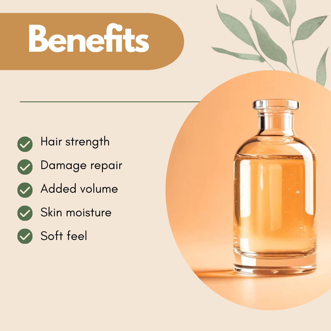 Benefits graphic with a cosmetic ingredient bottle and checklist reading Hair strength, Damage repair, Added volume, Skin moisture, Soft feel. Cosmetic grade Hydrolysed Wheat Protein suitable for shampoos, conditioners, serums, and creams to help reinforce hair structure, enhance volume, and support skin moisture balance.