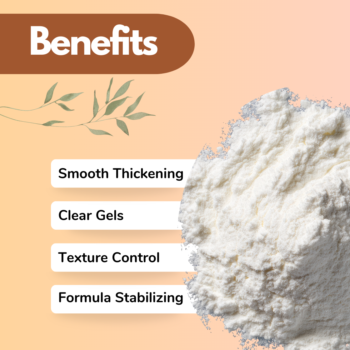 Hydroxyethyl Cellulose cosmetic ingredient shown as a fine white powder with a “Benefits” heading highlighting smooth thickening, clear gel formation, texture control, and formula stabilizing, on a peach background with botanical leaf graphics.
