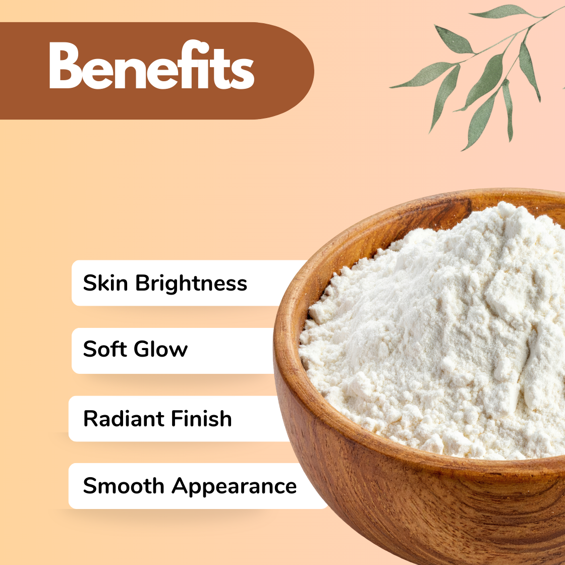 Cosmetic ingredient infographic showing Illuminating powder cosmetic raw material in a wooden bowl on a beige background with benefits including skin brightness, soft glow, radiant finish and smooth appearance. This cosmetic formulation ingredient is commonly used in makeup products, highlighters, foundations, BB creams, and skincare cosmetics to enhance skin radiance and improve visual skin texture.
