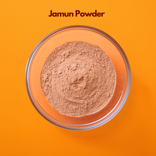 Jamun powder in a glass bowl, natural herbal fruit powder used in skincare, face masks, and Ayurvedic beauty products, known for oil control, acne treatment and skin purification.