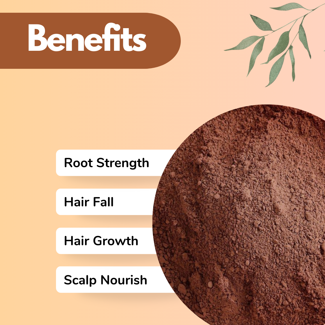 A Jatamasi brown herbal powder is displayed in detailed close up. The benefits focus on Root Strength, Hair Fall control, Hair Growth, and Scalp Nourish. The earthy tone reinforces its identity as a traditional herbal hair care powder used in strengthening treatments and scalp enriching Ayurvedic blends.