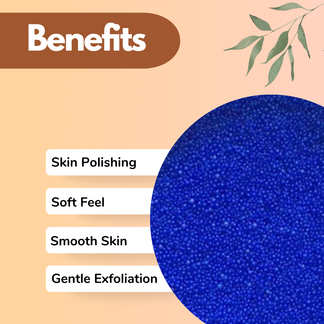 Cosmetic ingredient infographic showing blue jojoba exfoliating beads with benefits including skin polishing, soft feel, smooth skin and gentle exfoliation. Jojoba beads are natural biodegradable cosmetic exfoliating raw materials used in facial scrubs, body scrubs, cleansers and skincare formulations to remove dead skin cells while maintaining gentle skin care.
