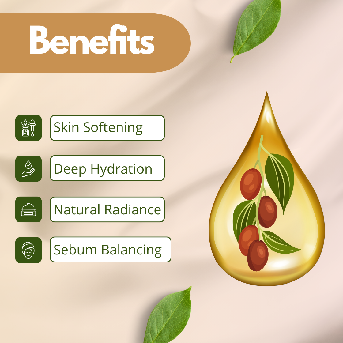 Illustration features skin care benefits of jojoba oil: Skin Softening, Deep Hydration, Natural Radiance, Sebum Balancing. Includes a droplet with berries and leaves.