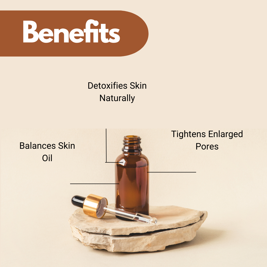 Juniper Berry Essential oil benefits graphic showing detoxifying properties, oil balancing support and pore tightening effects for skincare formulations.
