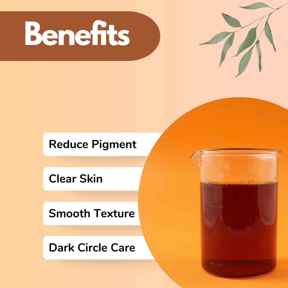 A transparent laboratory beaker filled with deep ruby-red liquid is set against a bright orange circular background. The liquid appears glossy and dense with subtle reflections. On the left, benefit text reads: Reduce Pigment, Clear Skin, Smooth Texture, and Dark Circle Care. The clean layout merges cosmetic skincare performance. This image represents a cosmetic active Juven Eye ingredient formulated for pigmentation reduction and dark circle treatment in targeted skincare solutions.