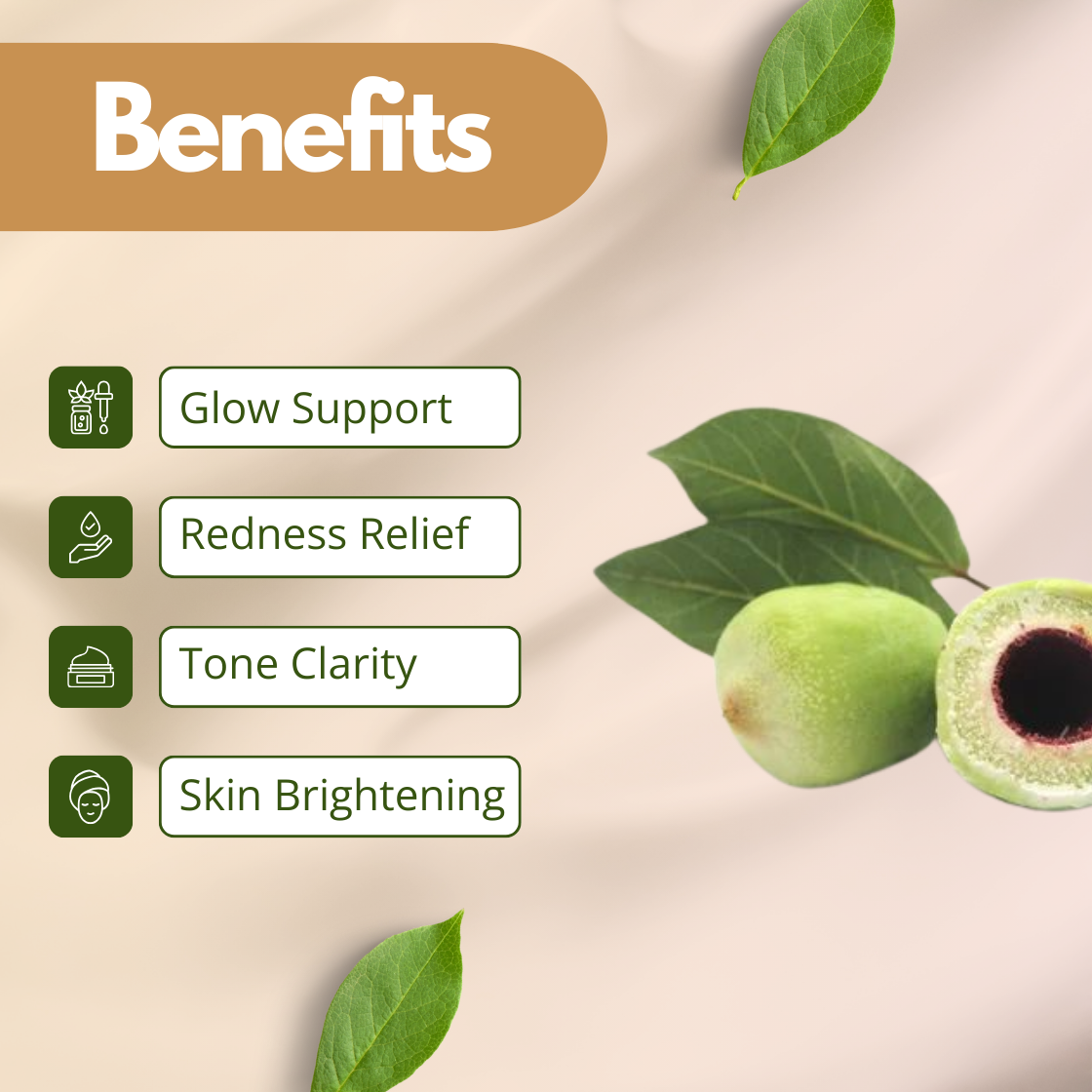 A professional botanical graphic for Kakadu Plum Extract featuring a whole green Kakadu plum and a cross section showing its dark, seeded core. The benefit list on the left includes: Glow Support, Redness Relief, Tone Clarity, and Skin Brightening. The image is presented on a clean, neutral cream background with a floating green leaf and soft shadows, highlighting the high Vitamin C content of this cosmetic grade extract.