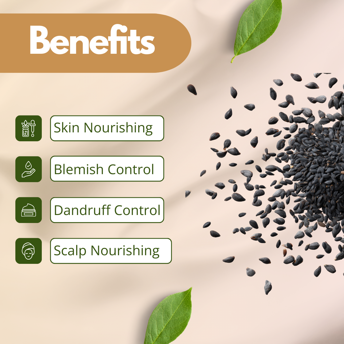 The image features text "Benefits" with icons of Kalonji oil: skin nourishing, blemish control, dandruff control, scalp nourishing. Black seeds and green leaves are shown.