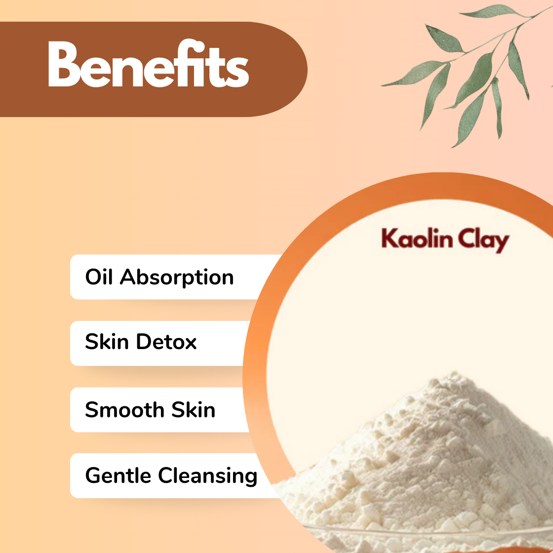Orange-toned graphic titled "Benefits" with Kaolin Clay image. Lists benefits: Oil Absorption, Skin Detox, Smooth Skin, Gentle Cleansing. Leaves accent.