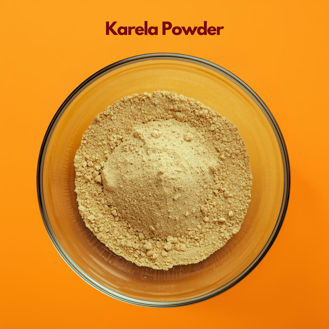 Karela powder in a transparent bowl, natural bitter gourd herbal powder used in skincare, detox formulations, and Ayurvedic cosmetics, ideal for acne prone skin and herbal beauty treatments.
