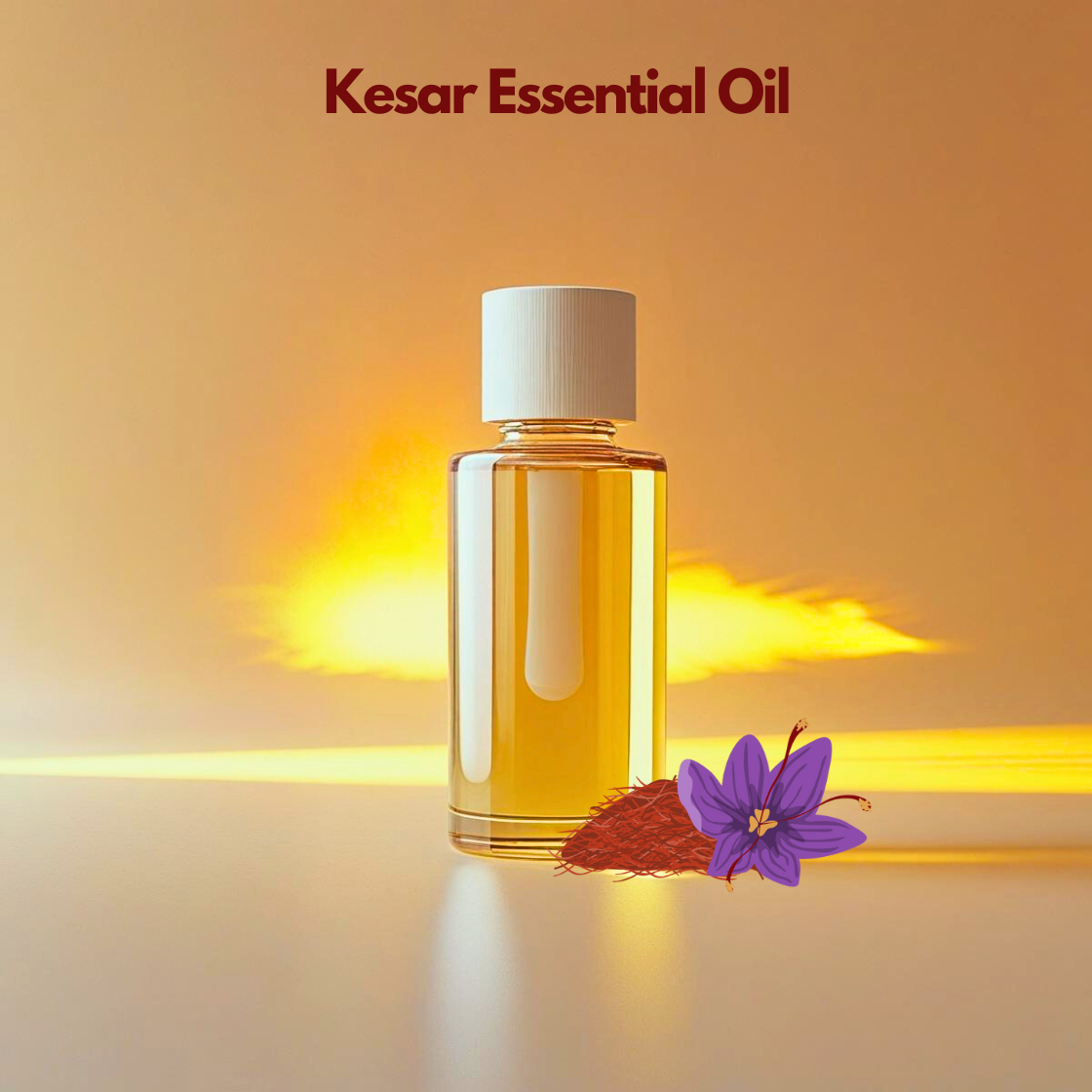 Cosmetic grade Kesar Essential Oil in a transparent glass bottle with saffron strands, used in premium skincare and personal care formulations for luxury aromatic blends.