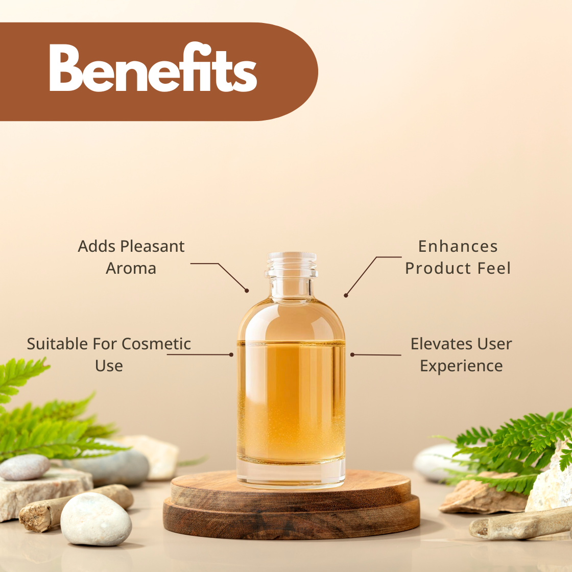 A glass bottle of amber liquid sits on a wooden platform, surrounded by smooth stones and fern leaves. Text highlights benefits like aroma and cosmetic use.