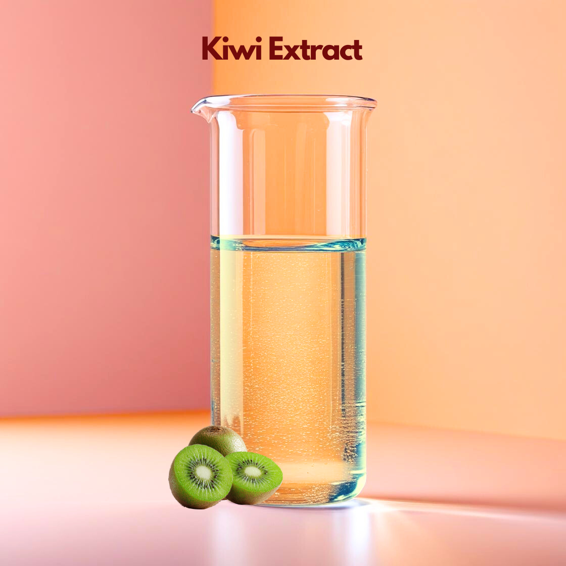 A vibrant graphic for Kiwi Extract with the name displayed in dark maroon at the top. The image features a whole, fuzzy green kiwi fruit and a large, juicy cross section slice. The slice showcases a brilliant emerald green center with a white core surrounded by a ring of tiny black seeds. The fruit sits on a warm neutral background with soft shadows and floating green leaves.