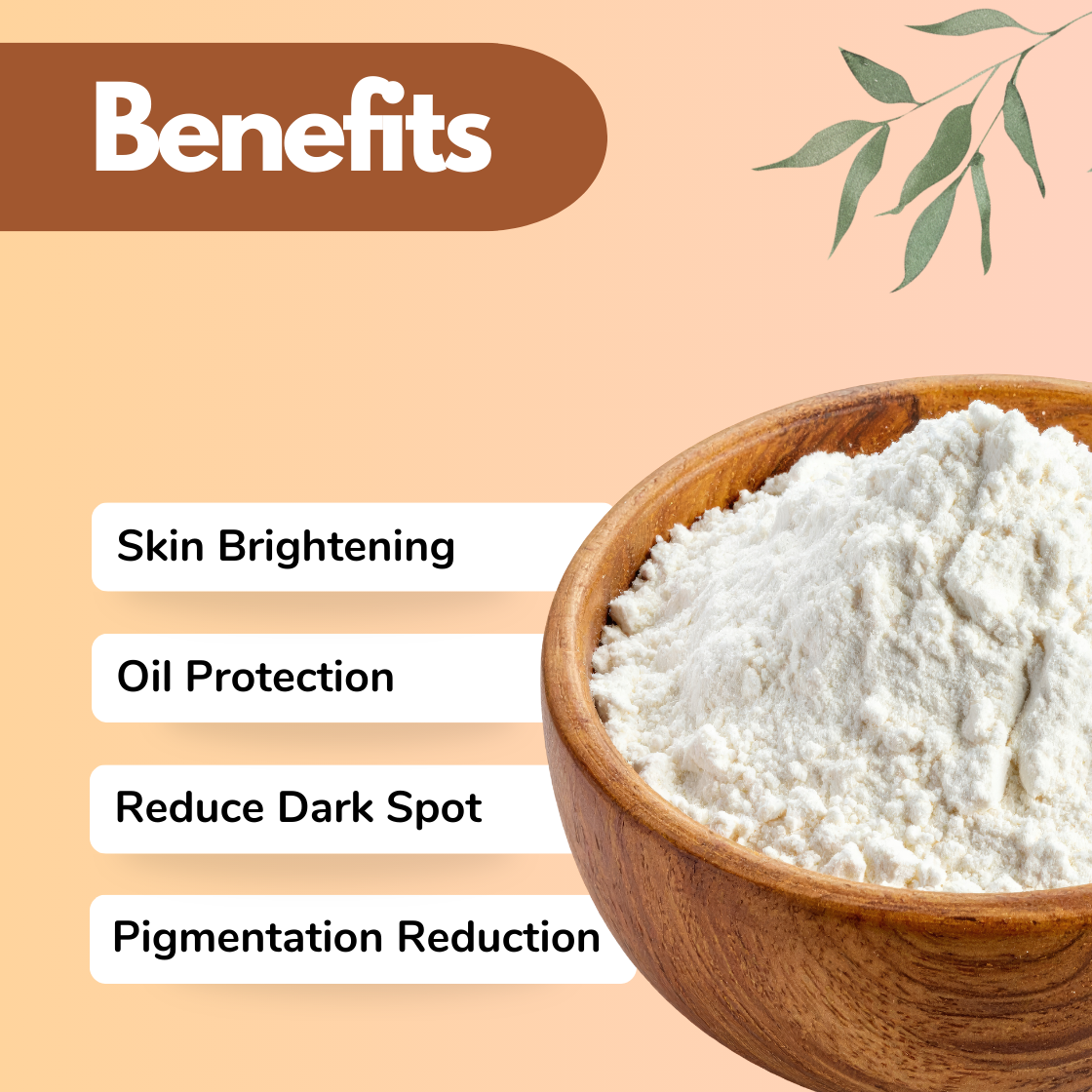 A smooth beige background a round wooden bowl filled to the top with soft white powder, placed prominently on the right side. The Kojic Acid powder looks finely milled, forming gentle peaks inside the bowl. On the left, the “Benefits” heading, the text reads: Skin Brightening, Oil Protection, Reduce Dark Spot and Pigmentation Reduction. Subtle green botanical elements appear in the upper corner. This image illustrates a cosmetic active ingredient designed for dark spot correction and skincare formulations. 