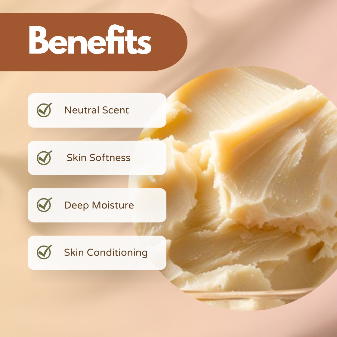 Refined Kokum Butter shown as a smooth pale butter texture with a “Benefits” heading highlighting neutral scent, skin softness, deep moisture and skin conditioning on a minimal cosmetic ingredient background.