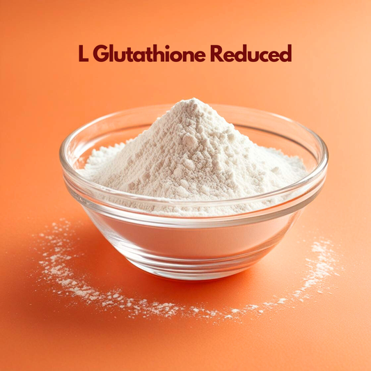 L Glutathione Reduced powder displayed in a clear glass bowl as a fine white cosmetic grade powder on an orange background with visible product title text. This image represents a popular antioxidant skincare ingredient used in skin brightening formulations to support even skin tone reduce hyperpigmentation and protect against environmental damage.