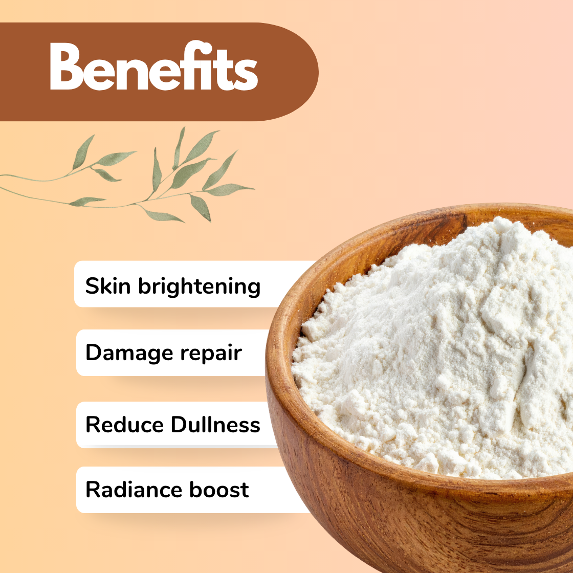 L Glutathione Reduced benefits image showing a wooden bowl filled with fine white Glutathione powder alongside text listing skin brightening damage repair reduce dullness and radiance boost on a soft beige background. This image highlights a popular antioxidant skincare ingredient used to improve skin tone enhance glow repair damaged skin and promote a brighter more radiant complexion.