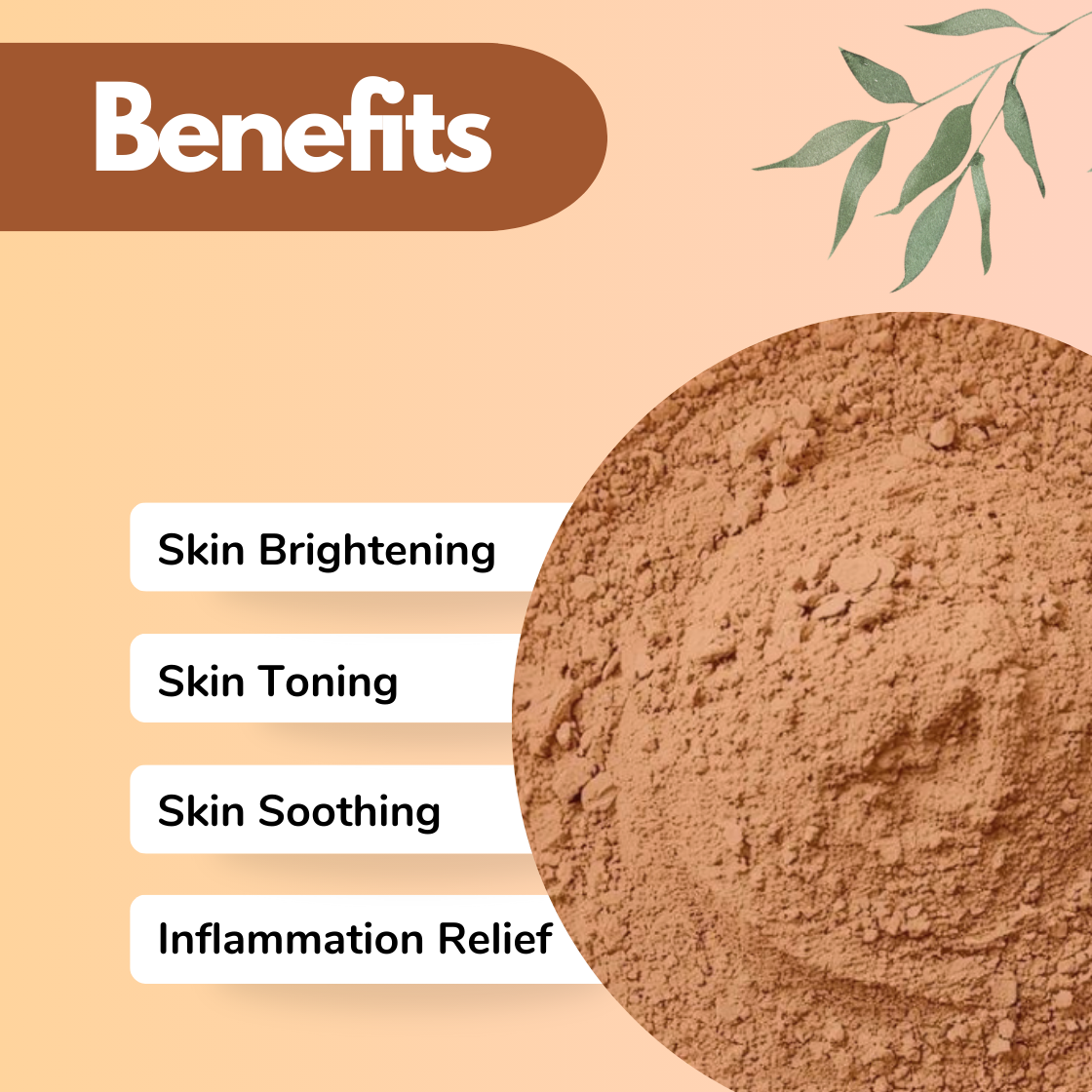 A soft brown botanical Lal Katha powder is presented with a smooth and even texture. The benefits focus on toning and calming effects. The visual design reflects an Ayurvedic herbal face pack ingredient used for improving complexion, soothing redness, and enhancing natural skin glow.