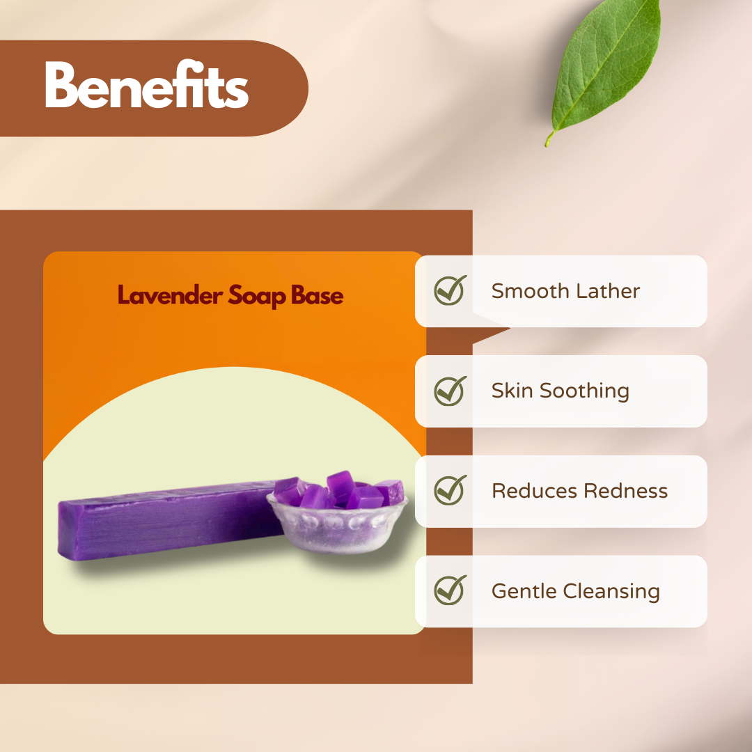 Benefits layout with Lavender Soap Base and a purple soap bar with cubes. Text reads Smooth Lather, Skin Soothing, Reduces Redness, Gentle Cleansing. This lavender soap base for handmade soap promotes calming and balanced skin care.