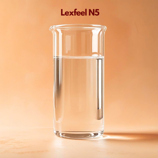  Clear glass laboratory beaker filled with transparent liquid labeled Lexfeel N5 placed on a warm orange background with soft reflections. Lexfeel N5 is a cosmetic emollient used in skincare and makeup formulations to improve spreadability provide a silky skin feel and enhance product performance.