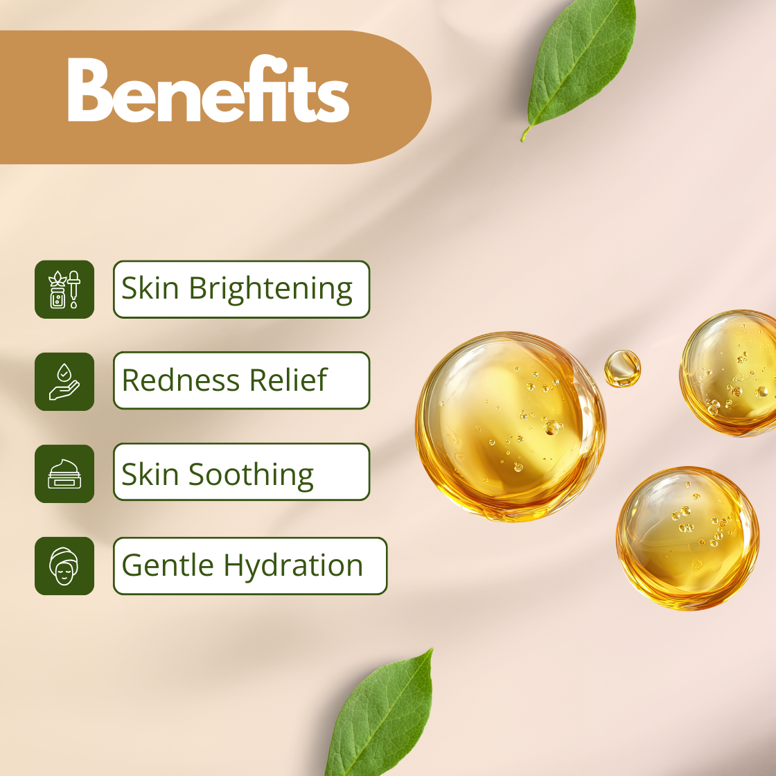 Cream background with green leaves and golden liquid droplets. Bold 'Benefits' of | Licorice oil | text highlights skin brightening, redness relief, skin soothing, and gentle hydration."