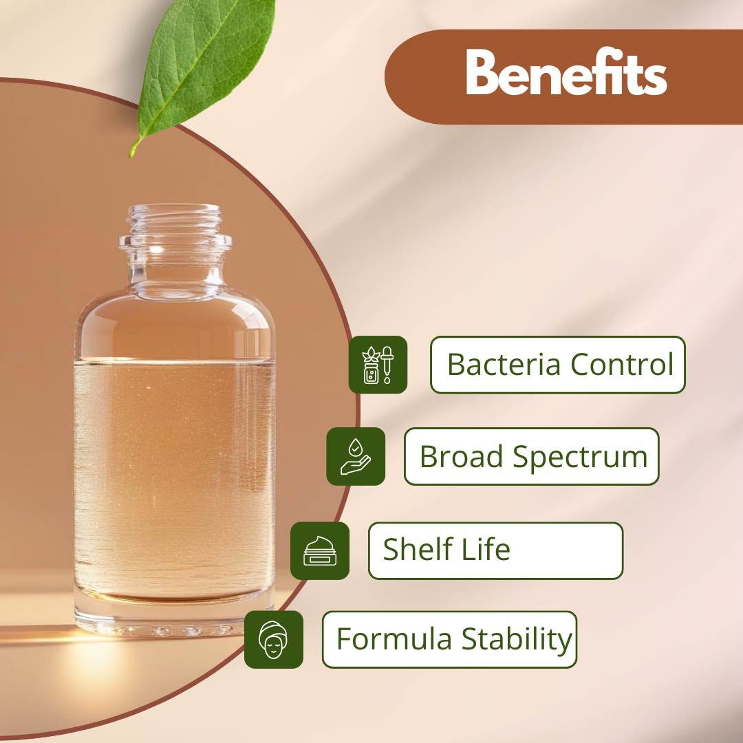 Clear glass bottle filled with light liquid germall plus, beside text: "Benefits." Highlights include bacteria control, broad spectrum, shelf life, formula stability. Leaf accent above.