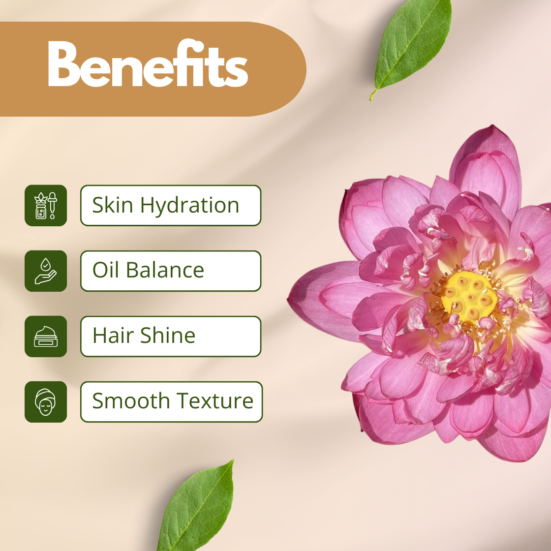 Benefits image of Lotus Extract featuring a pink lotus flower, highlighting skin hydration, oil balance, hair shine and smooth texture. Cosmetic grade lotus extract used in skincare and haircare formulations as a hydrating botanical extract ingredient for balanced cosmetic products.