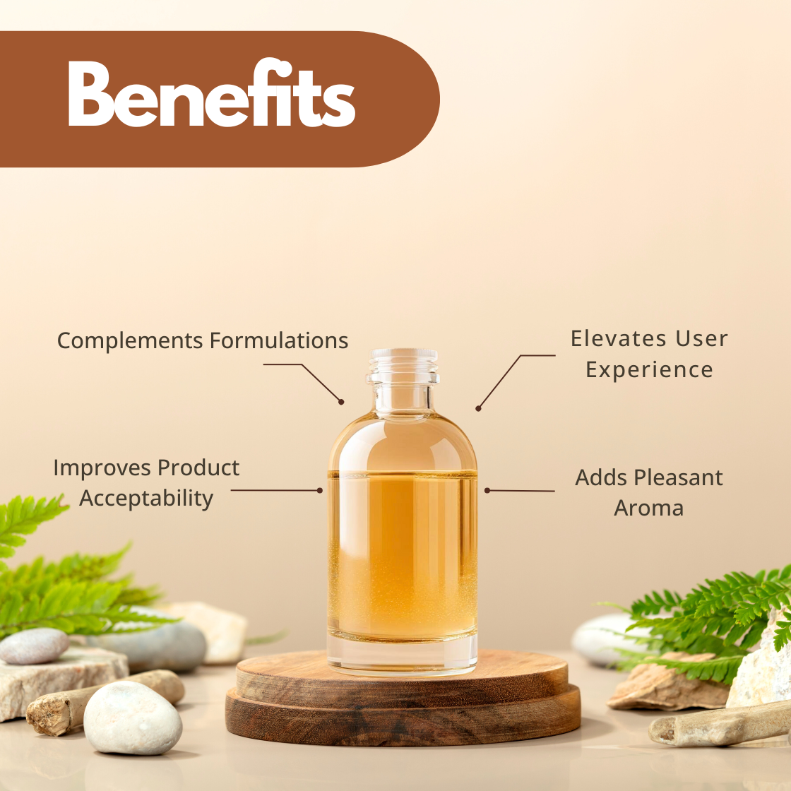 Clear bottle with amber liquid on a wooden platform, surrounded by stones and ferns. Text highlights benefits: complements formulations, improves product acceptability, elevates user experience, and adds pleasant aroma. Neutral, calming background.