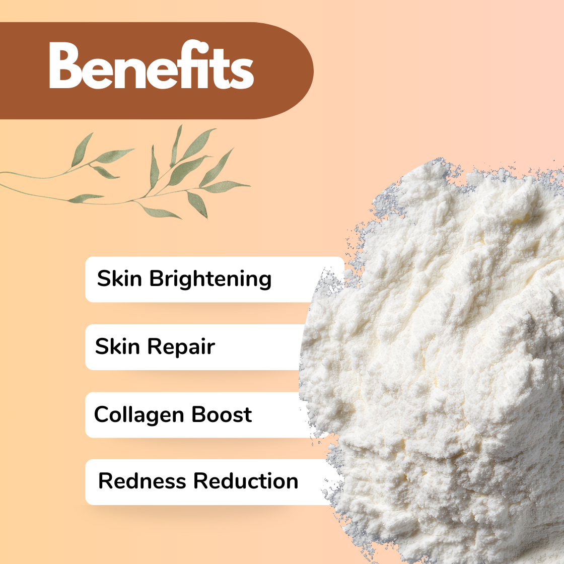 A large mound of fine white powder dominates the right half of a beige background, its soft, airy texture detailed with visible ridges and shadow depth. On the left, the “Benefits” section lists Skin Brightening, Skin Repair, Collagen Boost and Redness Reduction. Soft green botanical accents balance the composition. The image conveys a professional cosmetic active  Magnesium Ascorbyl Phosphate MAP ingredient used in anti aging and collagen boosting skincare formulations. 