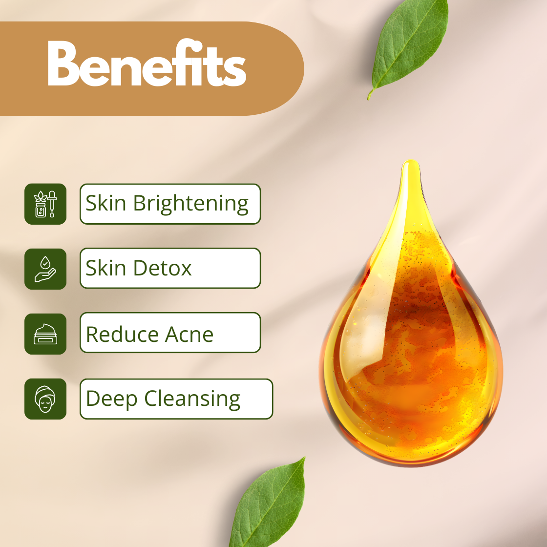 Image showcasing skin benefits of Manjistha oil with a large, glowing amber drop. Text reads: ‘Benefits’ with icons for ‘Skin Brightening,’ ‘Skin Detox,’ ‘Reduce Acne,’ and ‘Deep Cleansing.’ Green leaves and soft beige background add a natural, soothing tone.