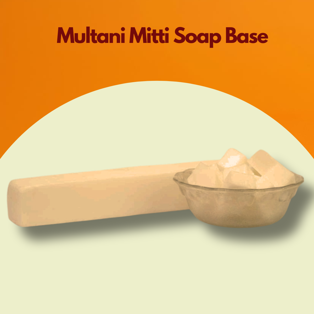 Image titled Multani Mitti Soap Base featuring a beige toned soap block with cut cubes arranged in a glass bowl. This multani mitti melt and pour soap base highlights its clay infused appearance suited for natural skincare soap creation.
