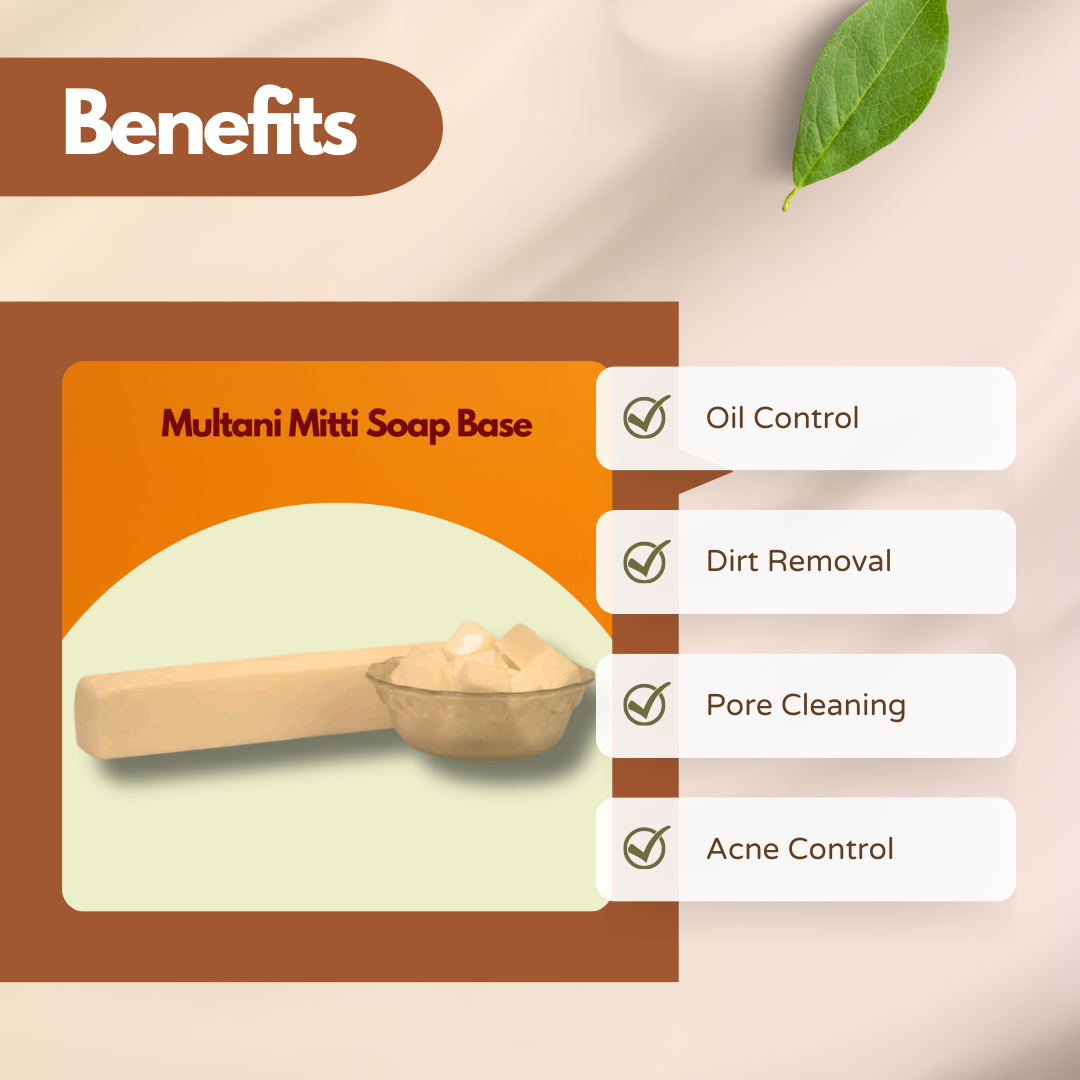 Benefits image featuring Multani Mitti Soap Base with a beige soap bar and cubes. Text reads Oil Control, Dirt Removal, Pore Cleaning, Acne Control. This multani mitti soap base for handmade soap focuses on purifying and clarifying oily skin.