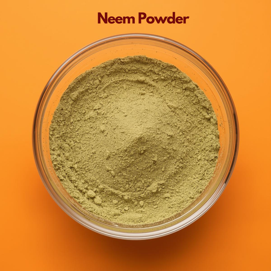  Close up overhead image of Neem Powder in a clear glass bowl, displaying light green finely ground herbal powder on a vibrant orange surface. Natural antibacterial Ayurvedic powder used in acne care, herbal face packs, scalp treatments and cosmetic formulations.