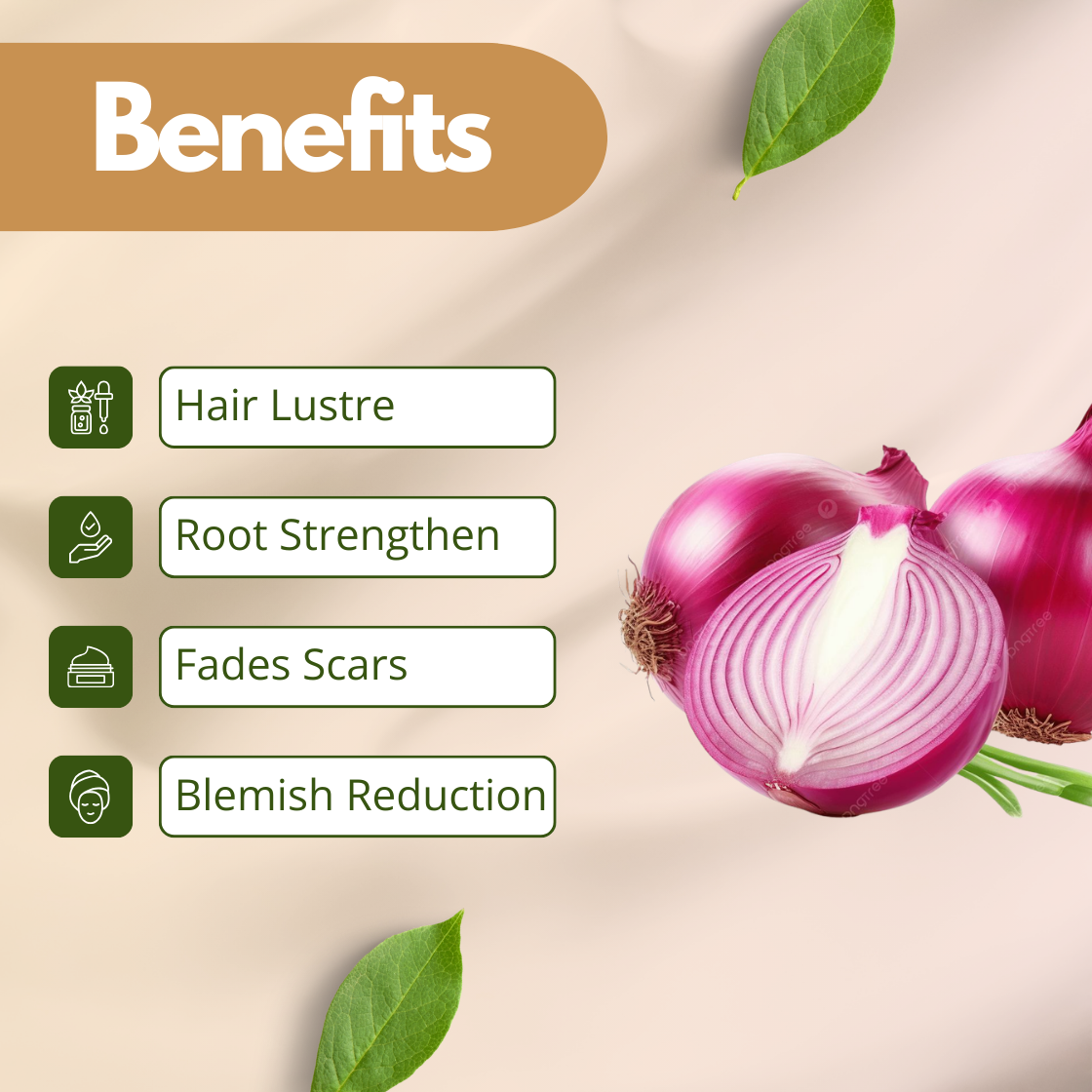 Benefits image of Onion Extract featuring sliced red onions, highlighting hair lustre, root strengthening, scar fading support and blemish reduction. Cosmetic grade onion extract used in haircare and skincare formulations as a strengthening botanical ingredient for scalp care and skin improvement products.