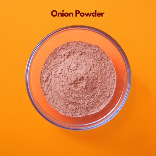 Onion powder in a glass bowl, natural herbal powder for hair growth, hair fall control, and scalp nourishment, widely used in DIY hair masks, herbal cosmetics and hair care formulations.
