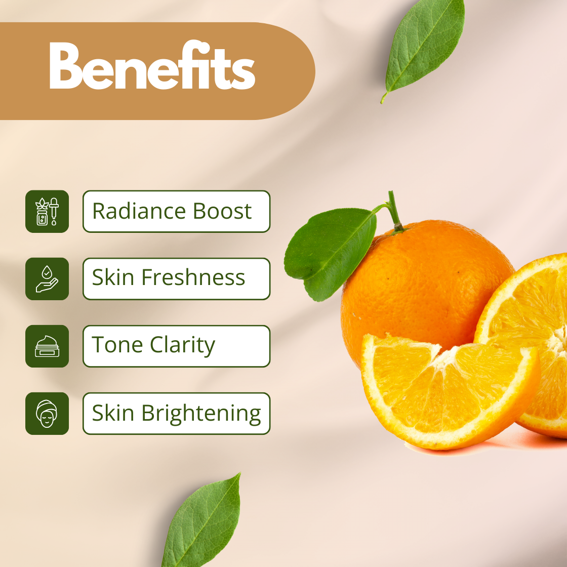 Benefits image of Orange Extract showing fresh oranges and slices, highlighting radiance boost, skin freshness, tone clarity and skin brightening. Cosmetic grade orange extract used in skincare formulations as a vitamin C rich botanical ingredient for glow enhancing and revitalizing cosmetic products