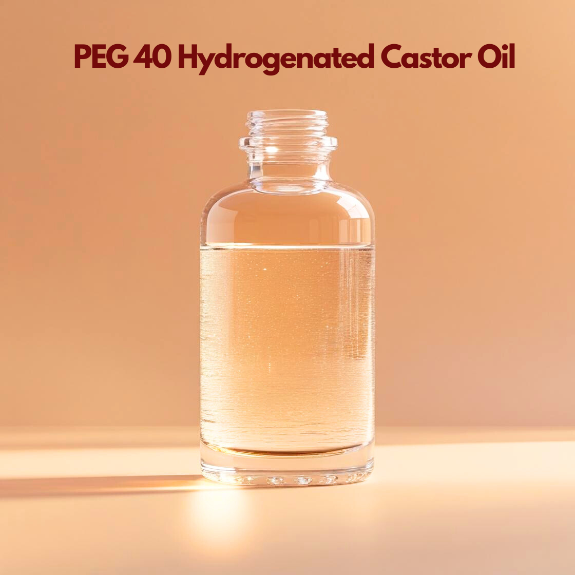 Clear glass bottle containing transparent liquid labeled PEG 40 Hydrogenated Castor Oil placed on a warm orange background. This cosmetic solubilizer is commonly used in skincare and personal care formulations to help dissolve fragrance oils and essential oils in water based products.