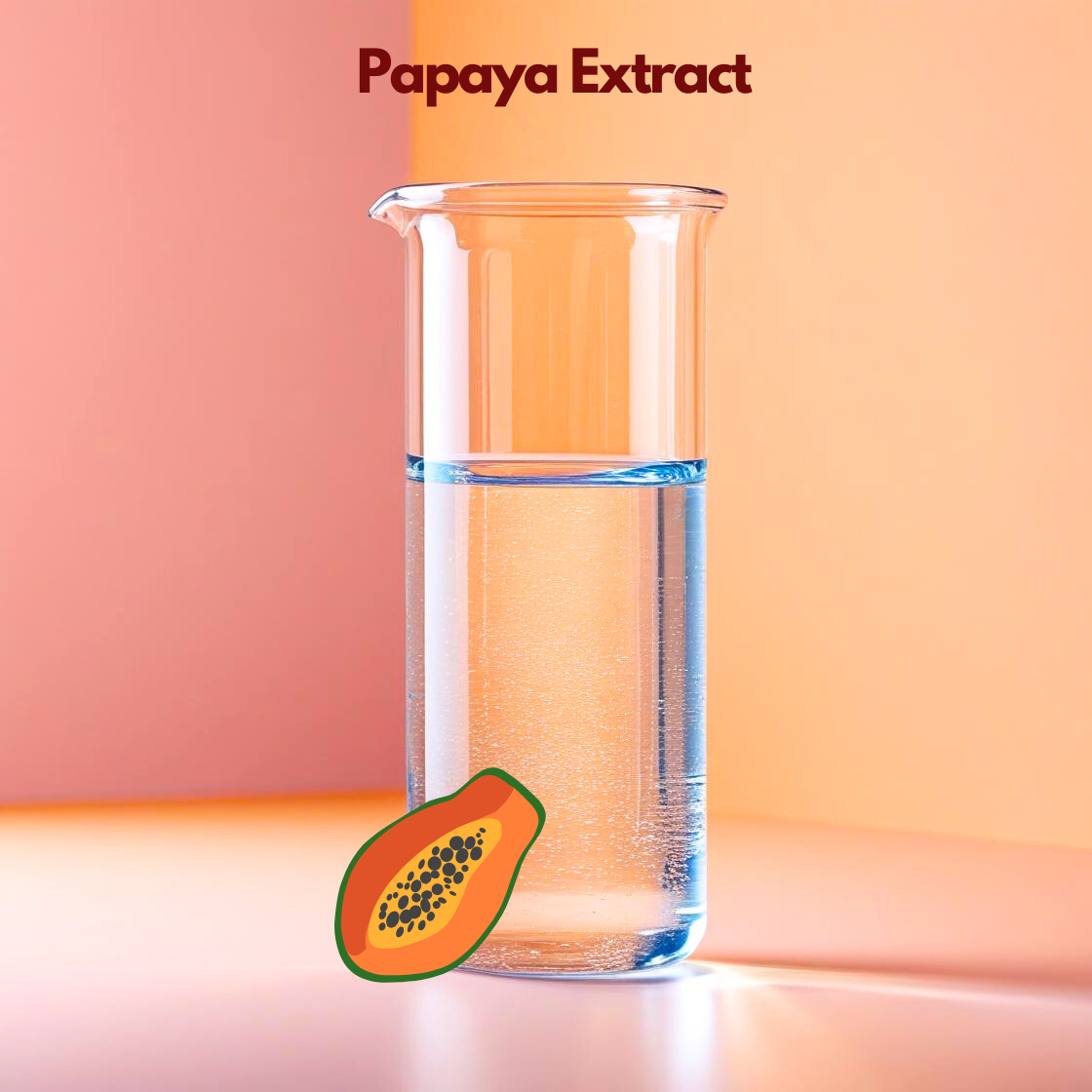  A tall clear glass beaker filled with transparent liquid stands against a peach and pink gradient background labeled “Papaya Extract.” A sliced papaya piece with visible black seeds is placed near the base. This botanical extract is included in skincare products for hydration, skin conditioning and improving overall performance.