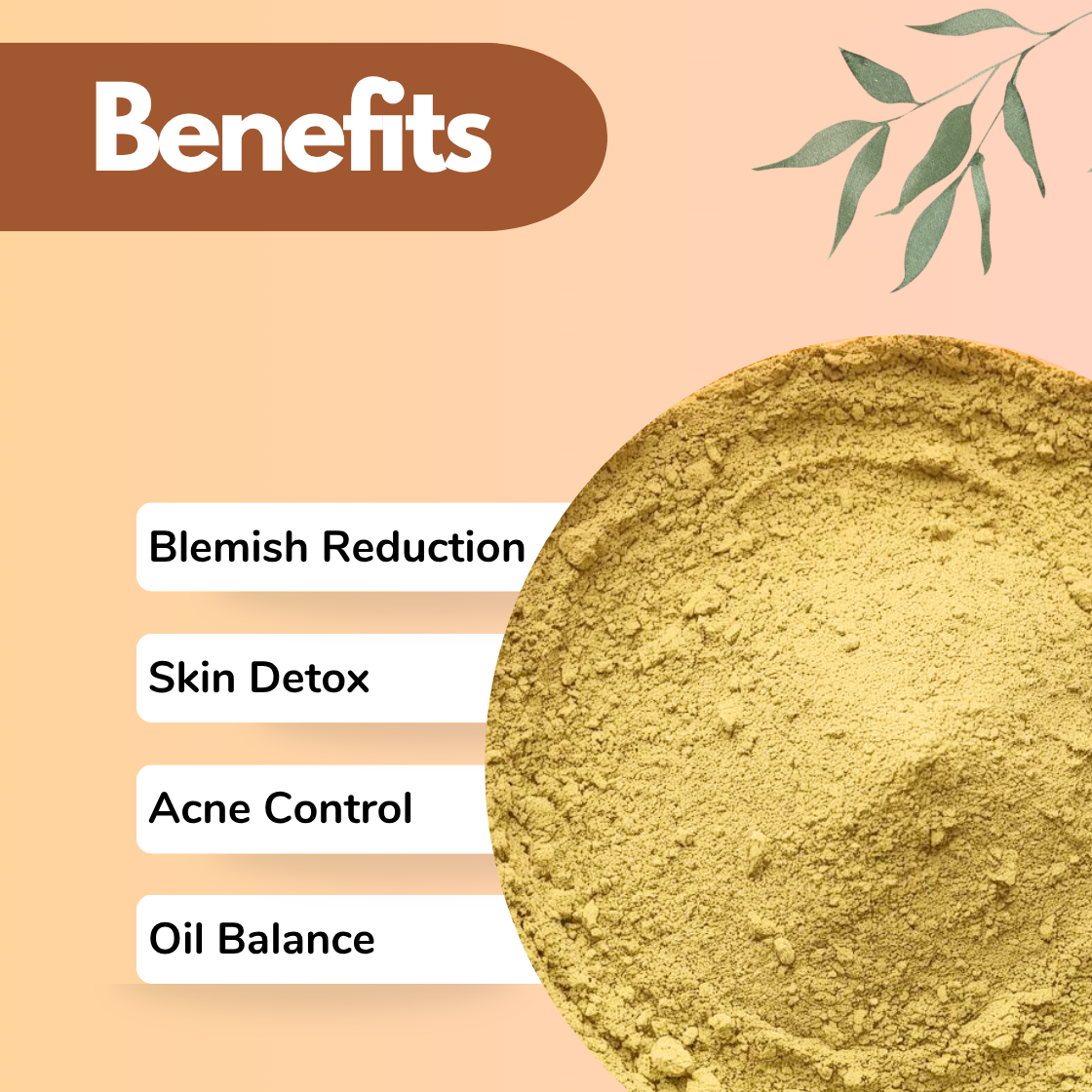 Papaya Leaf Powder is Herbal Powder for Blemish Reduction & Acne Control | Benefits image showing fine yellow green Carica papaya leaf powder in a wide circular bowl on a peach background with green botanical leaf decoration. Papaya leaf powder used in organic skincare formulations, anti blemish face masks & skin balancing products. Benefits listed: Skin Detox, Acne Control & Oil Balance. Excellent for organic beauty brands, skincare formulators, and herbal cosmetic manufacturers searching for papaya leaf.