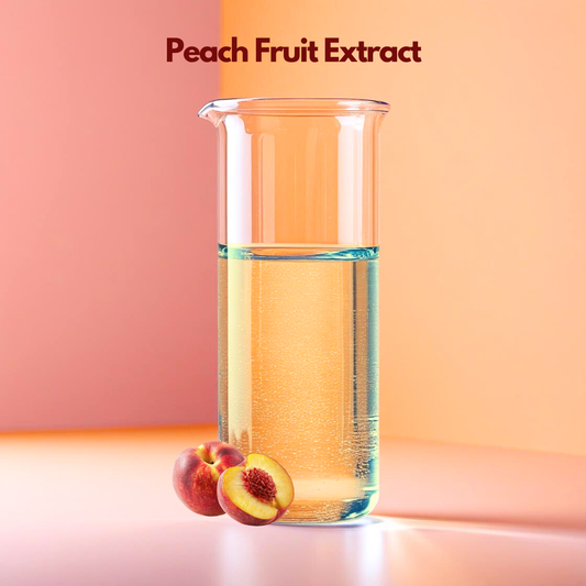 A soft toned graphic for "Peach Fruit Extract" featuring the product name at the top in dark maroon. The image displays a whole, velvety peach with a warm gradient of orange and pink skin. A single green leaf is attached to the stem area. The peach is set against a light, neutral background with soft focus shadows and individual green leaves scattered around it.