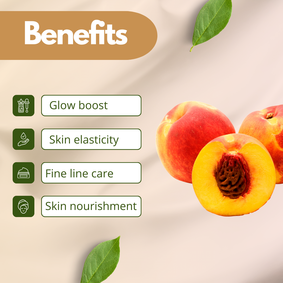 Skincare benefits infographic showing fresh peach fruit and sliced peach revealing the seed, representing peach extract used in cosmetic and skincare formulations. Listed benefits include Glow boosting, Skin elasticity improvement, Fine line care and Skin nourishment. The image illustrates peach botanical extract used in moisturizers, anti aging creams, soaps, and natural skincare products.