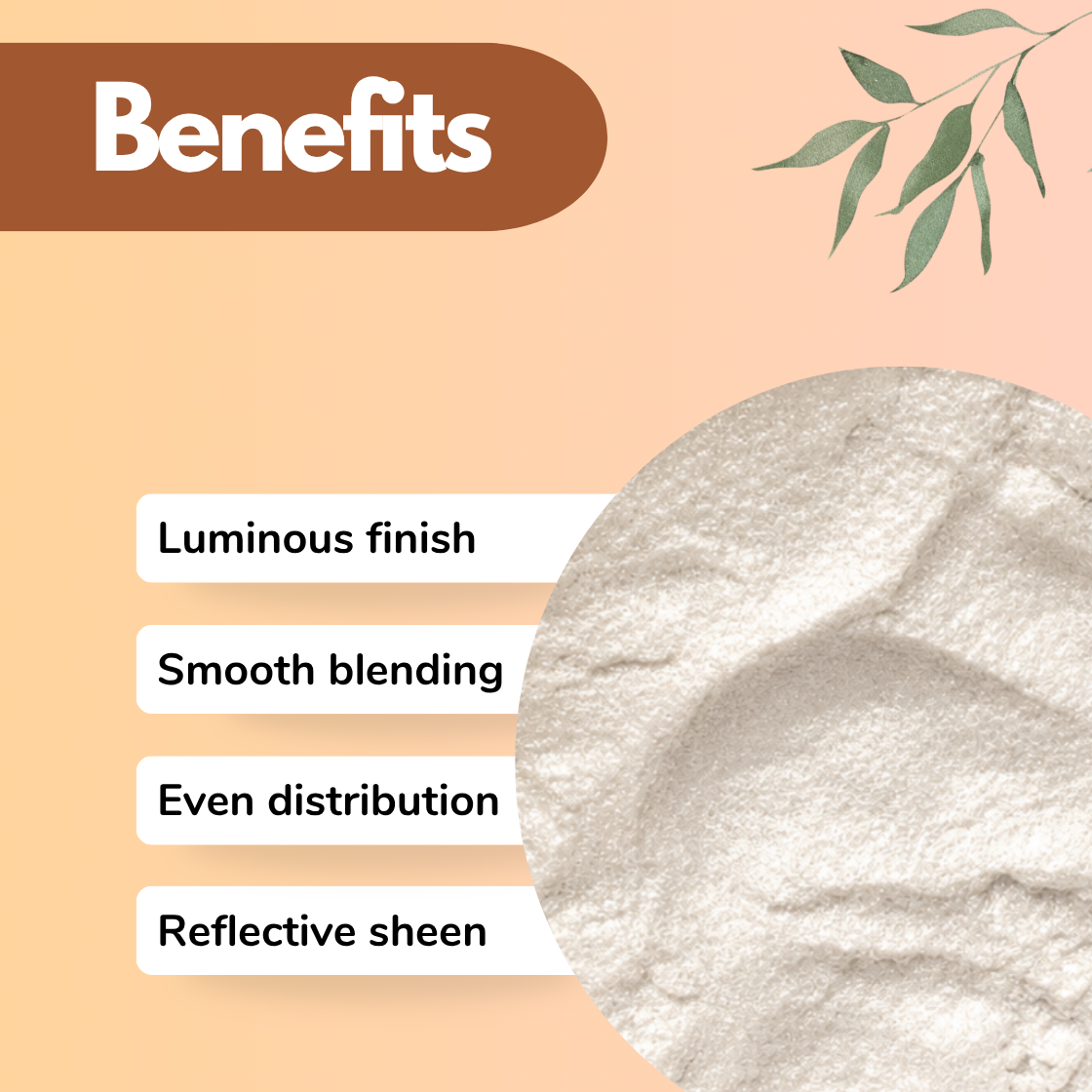 Pearl mica powder benefits infographic showcasing luminous finish, smooth blending, even distribution and reflective sheen for skincare, cosmetics, soap making and luxury beauty formulations. Pearl white shimmer mica pigment with elegant satin glow used in highlighters, body lotion, lip gloss, candles and artisan cosmetic products.
