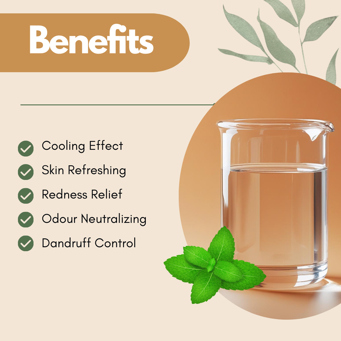 Benefits image featuring a beaker with peppermint leaves illustration. The text reads Cooling Effect, Skin Refreshing, Redness Relief, Odour Neutralizing, Dandruff Control. This peppermint hydrosol benefits graphic showcases its cooling botanical mist properties for scalp and irritated skin.