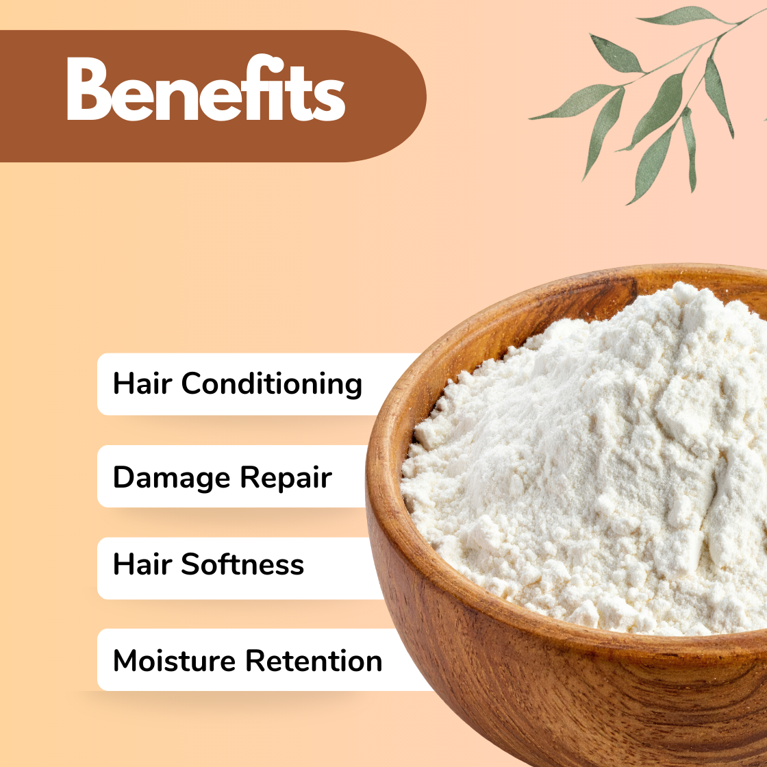 Infographic showing cosmetic "Polyquaternium 10"  in a wooden bowl used for hair conditioning formulations, highlighting benefits including Hair Conditioning, Damage Repair, Hair Softness improvement and Moisture Retention. "Polyquaternium 10" ingredients are widely used in haircare products, conditioners, hair masks and strengthening cosmetic formulations.