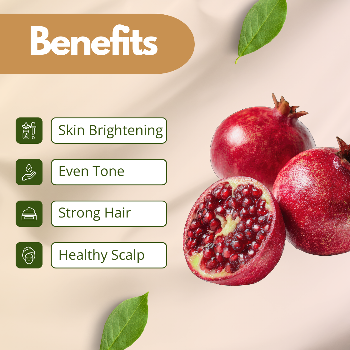 A rich graphic for Pomegranate Extract featuring two whole red pomegranates and one sliced open to reveal tightly packed, ruby red seeds. The benefits highlighted are Skin Brightening, Even Tone, Strong Hair and Healthy Scalp. This image represents the potent antioxidant protection offered by this fruit based cosmetic ingredient.