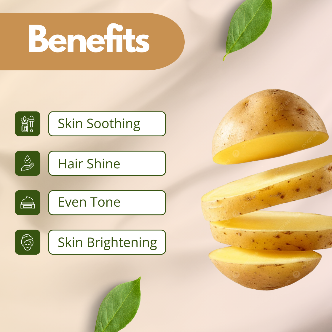 A clean graphic for Potato Extract showing a whole brown potato and several thick, round slices floating in the air. To the left, the benefits include Skin Soothing, Hair Shine, Even Tone and Skin Brightening. The visual suggests the calming and brightening effects of this natural botanical extract for under eye and skin treatments.