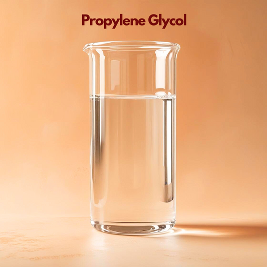 Transparent laboratory beaker filled with clear liquid labeled "Propylene Glycol" displayed on a warm orange background. Propylene glycol is a widely used cosmetic humectant and solvent in skincare haircare and personal care formulations to retain moisture and dissolve active ingredients.