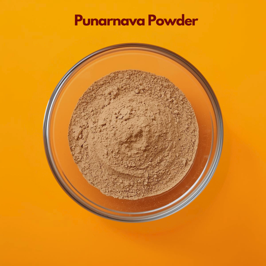Top view of Punarnava Powder placed in a transparent bowl, featuring fine light brown herbal powder against a bright orange background. Ayurvedic botanical ingredient used in herbal formulations, natural skincare blends and traditional wellness applications.